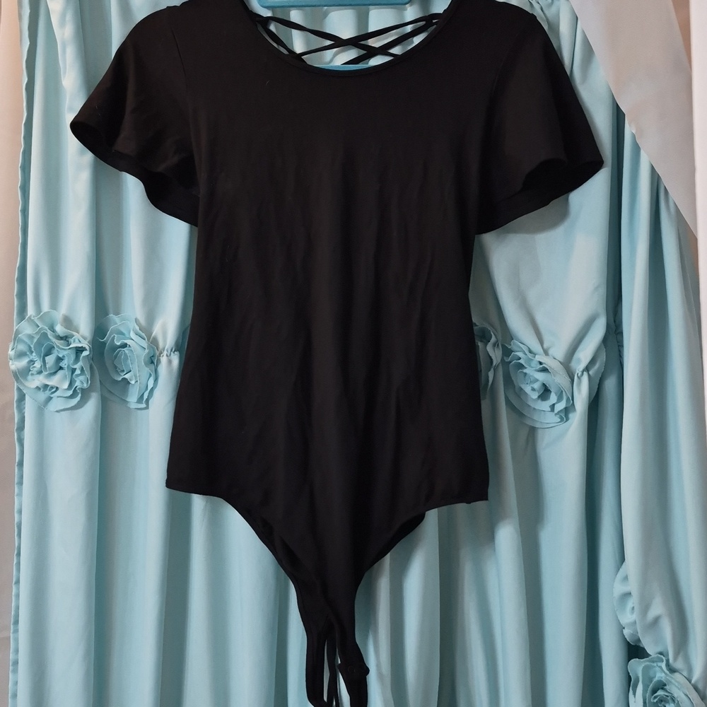 Lindy Bop Little Black Bodysuit Tie Lace-Up Back Goth Flutter Sleeve One-pc SZ L